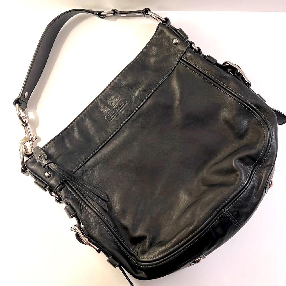 100% Authentic Coach Zoe Vintage Black Leather Handbag with Chrome Hardware